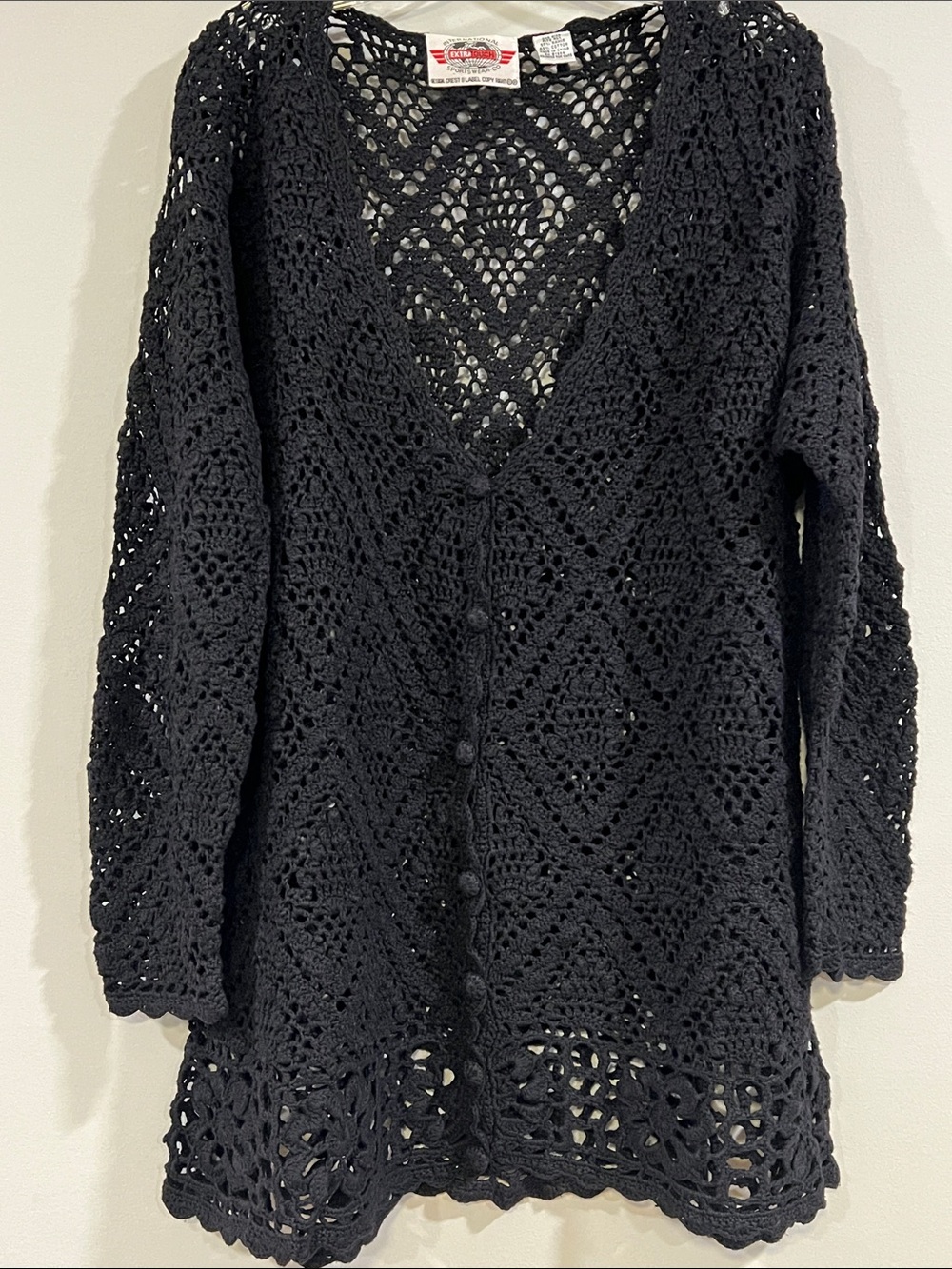 Extra Touch - vintage, Black Crochet V-Neck Button-Front Cardigan tunic, o/s